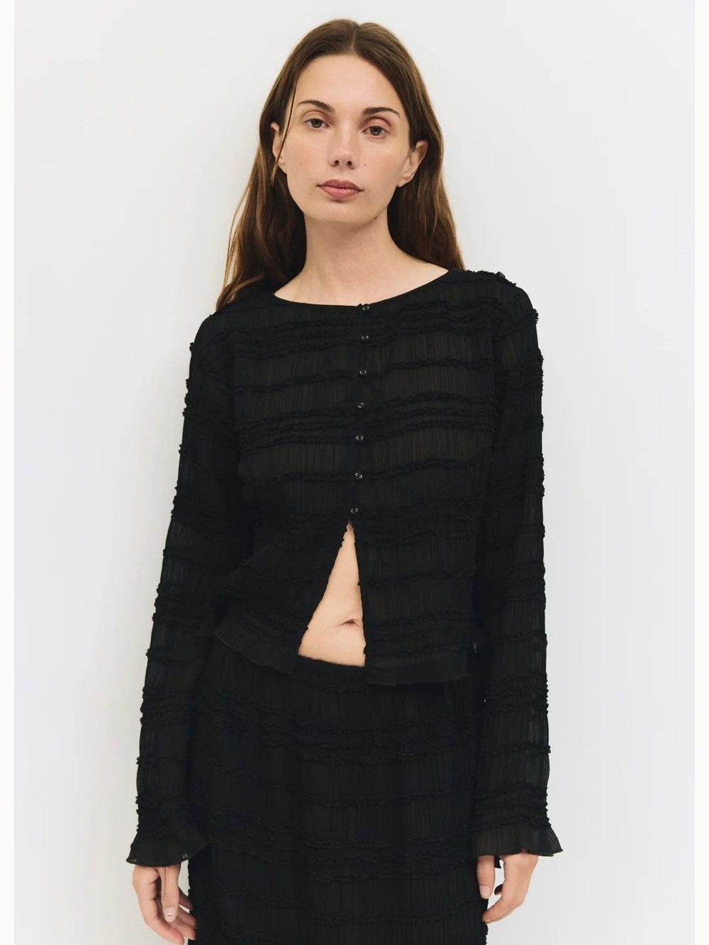ModRef - All:Row - Black Sheer Ruched Button-Front Women's Top
